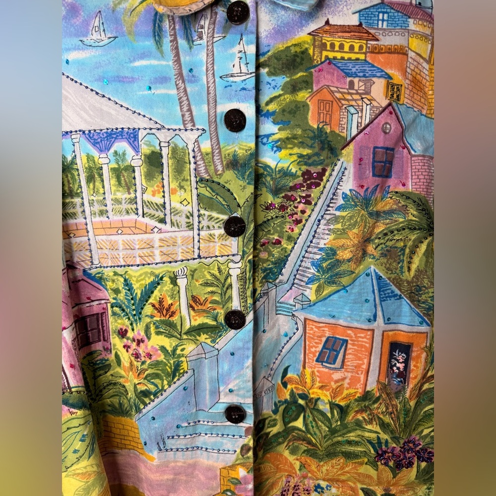Keren Hart Colorful Scenic Village Print Button Jacket Women’s Large - Picture 3 of 9
